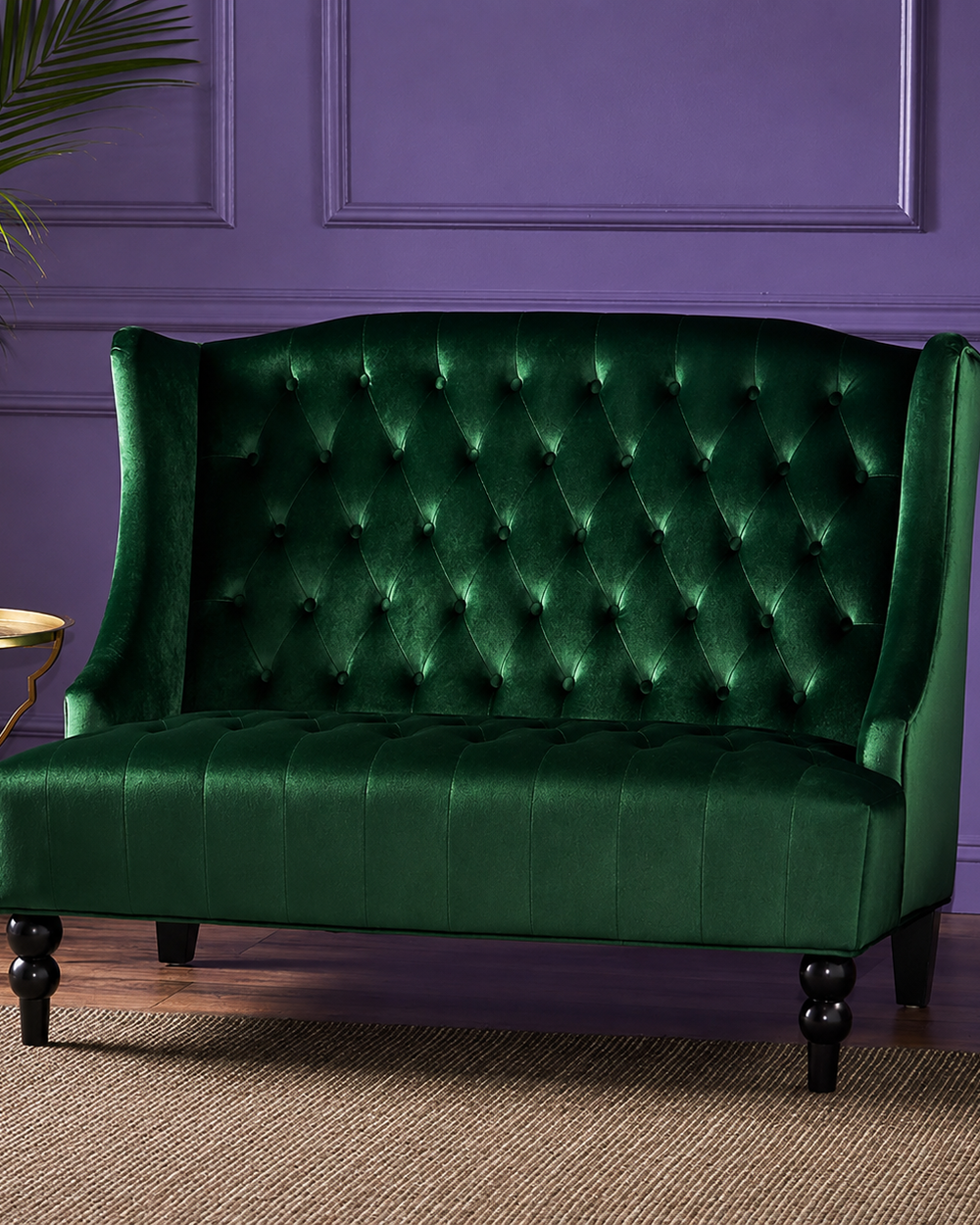 Bloomart Aerona Soft Velvet Upholstery Button Tufted Modern Bench With Teak Wood Legs ( Dark Green)