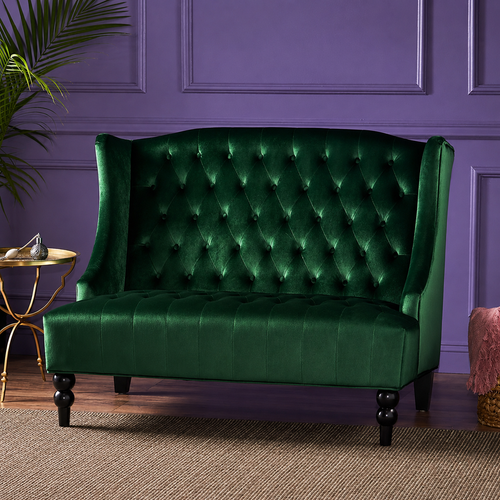 Bloomart Aerona Soft Velvet Upholstery Button Tufted Modern Bench With Teak Wood Legs ( Dark Green)