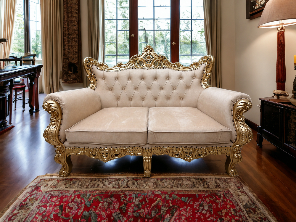 Bloomart Wooden Boutique French Baroque Style Golden Leaf Hand Carved Sofa (2 Seater)