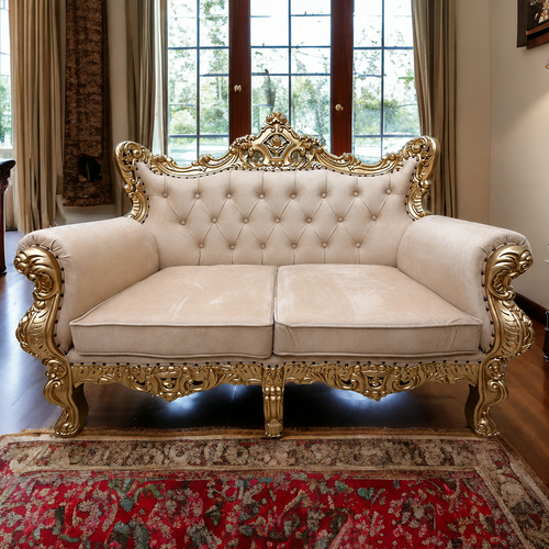 Bloomart Wooden Boutique French Baroque Style Golden Leaf Hand Carved Sofa (2 Seater)
