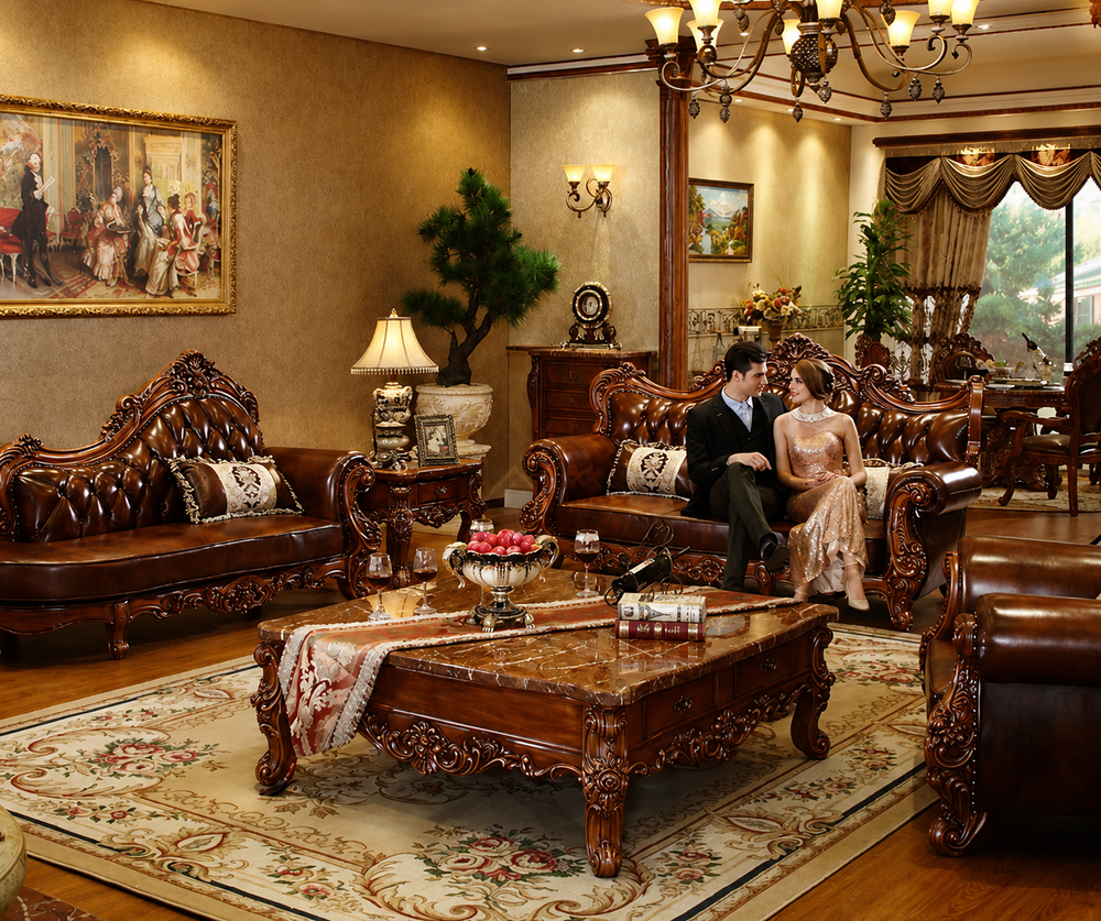 Carved Royal Antique Brown Sofa Set with Chaise Lounge