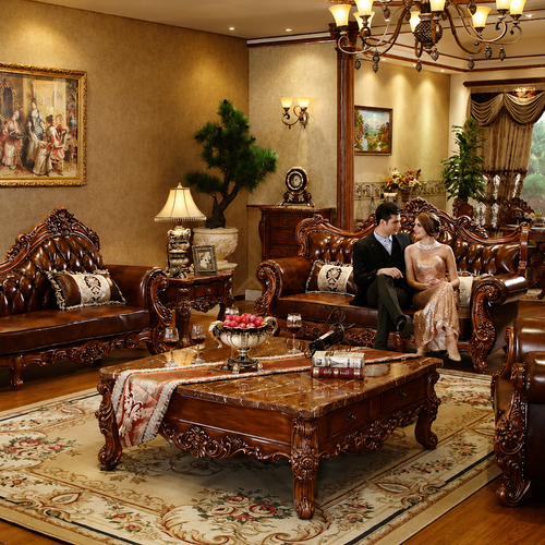 Carved Royal Antique Brown Sofa Set with Chaise Lounge