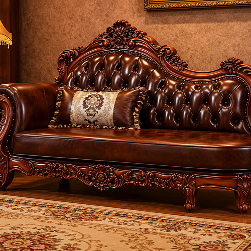 Carved Royal Antique Brown Sofa Set with Chaise Lounge