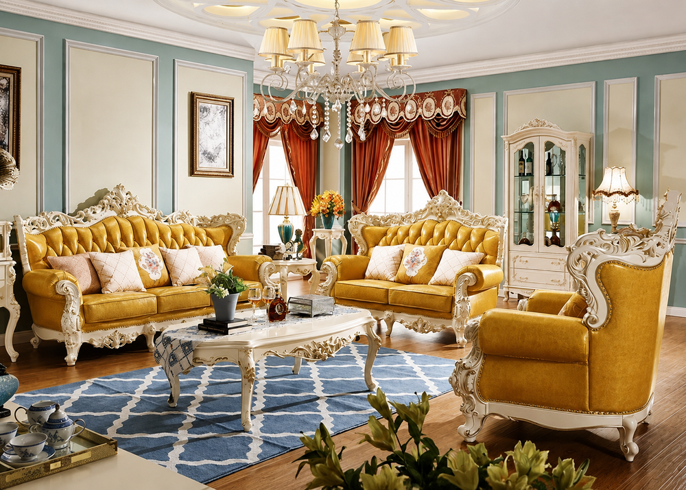 Bloomart Royal Antique Golden and White Carved Sofa Set