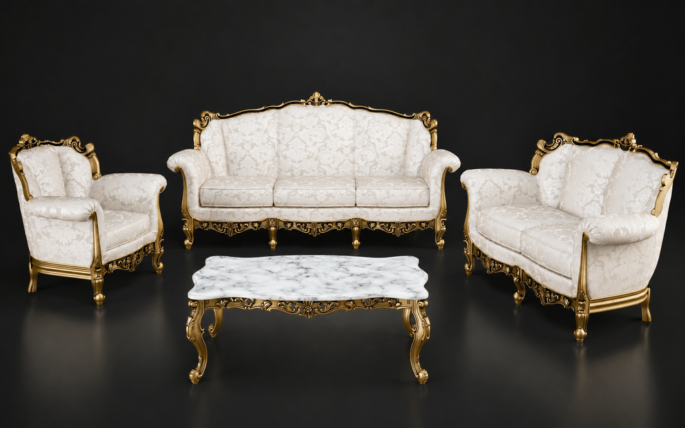 Bloomart Carved 6 Seater Teak Wood Sofa Set With Centre Table In Antique Gold Finish