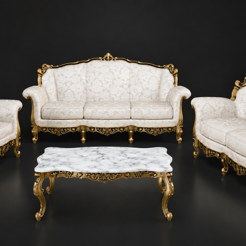 Bloomart Carved 6 Seater Teak Wood Sofa Set With Centre Table In Antique Gold Finish