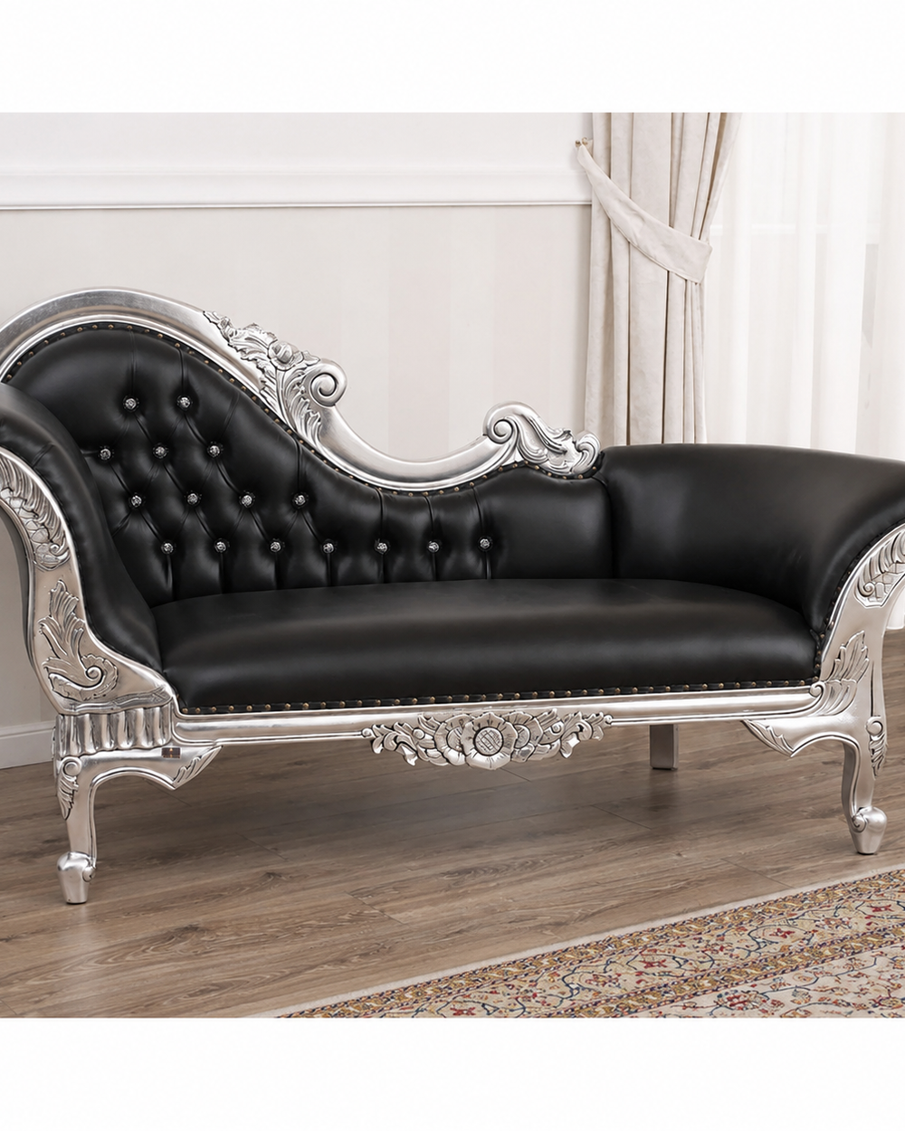 Hand Carved Modern Baroque Style Chaise Longue Silver Leaf (Black)