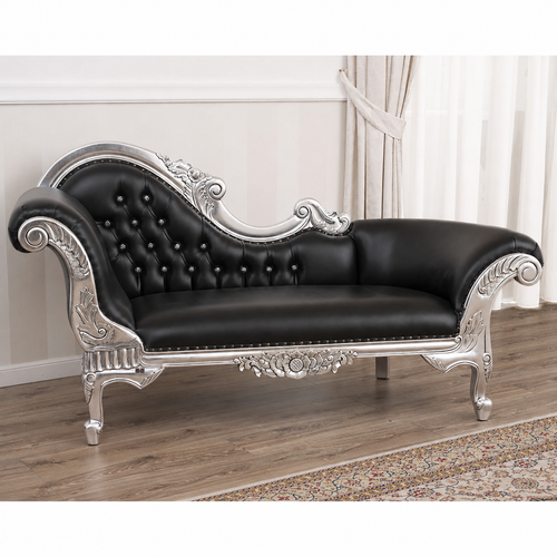 Hand Carved Modern Baroque Style Chaise Longue Silver Leaf (Black)