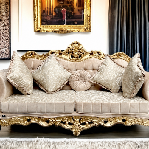 Bloomart Handmade Royal Antique Golden Finish Carved Sofa (3 Seater)