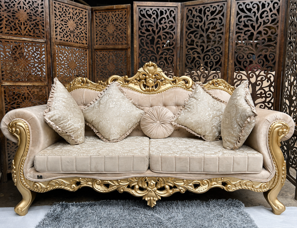 Bloomart Handmade Royal Antique Golden Finish Carved Sofa (3 Seater)