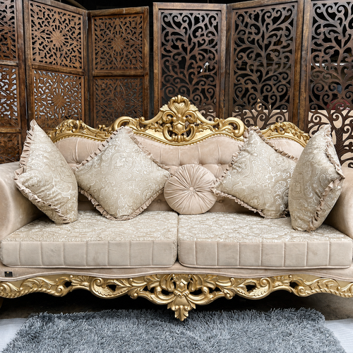 Bloomart Handmade Royal Antique Golden Finish Carved Sofa (3 Seater)