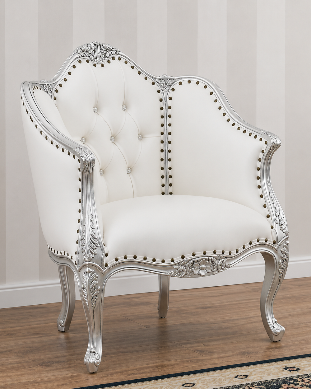 Italian Baroque Style Champagne Sofa Chair Silver leaf Finish (White)