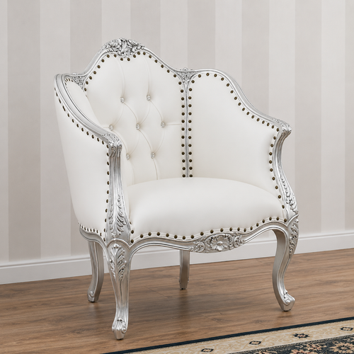 Italian Baroque Style Champagne Sofa Chair Silver leaf Finish (White)