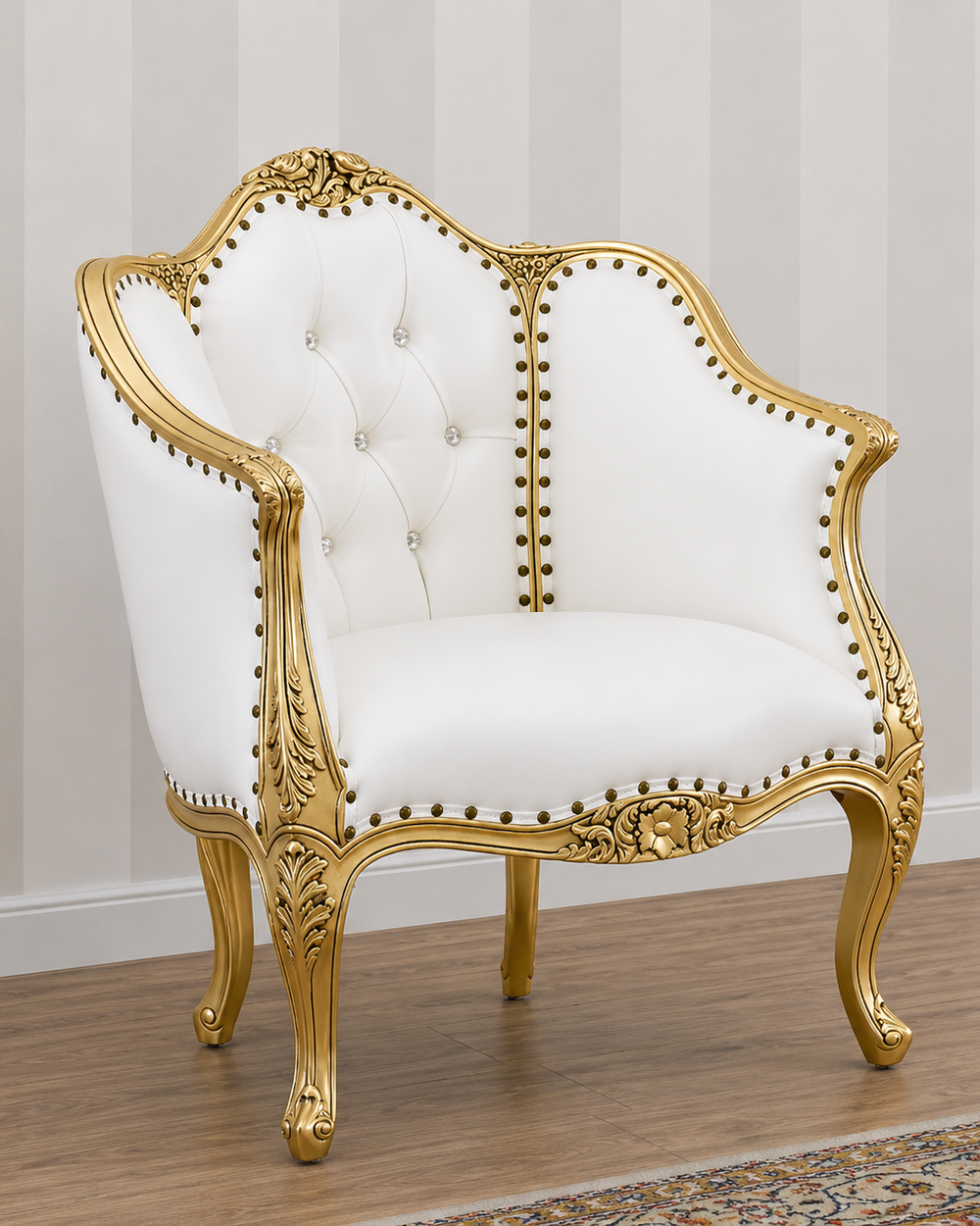 Italian Baroque Style Champagne Sofa Chair Silver leaf Finish (White)