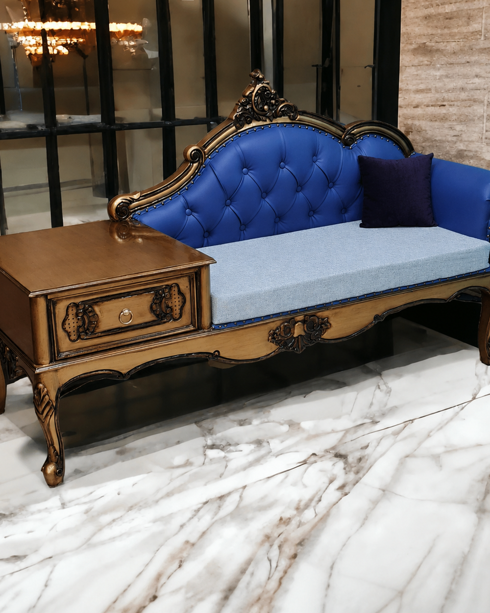 Luxury Antique Hand Carved Chaise Lounge Coffee And Phone Table With Storage