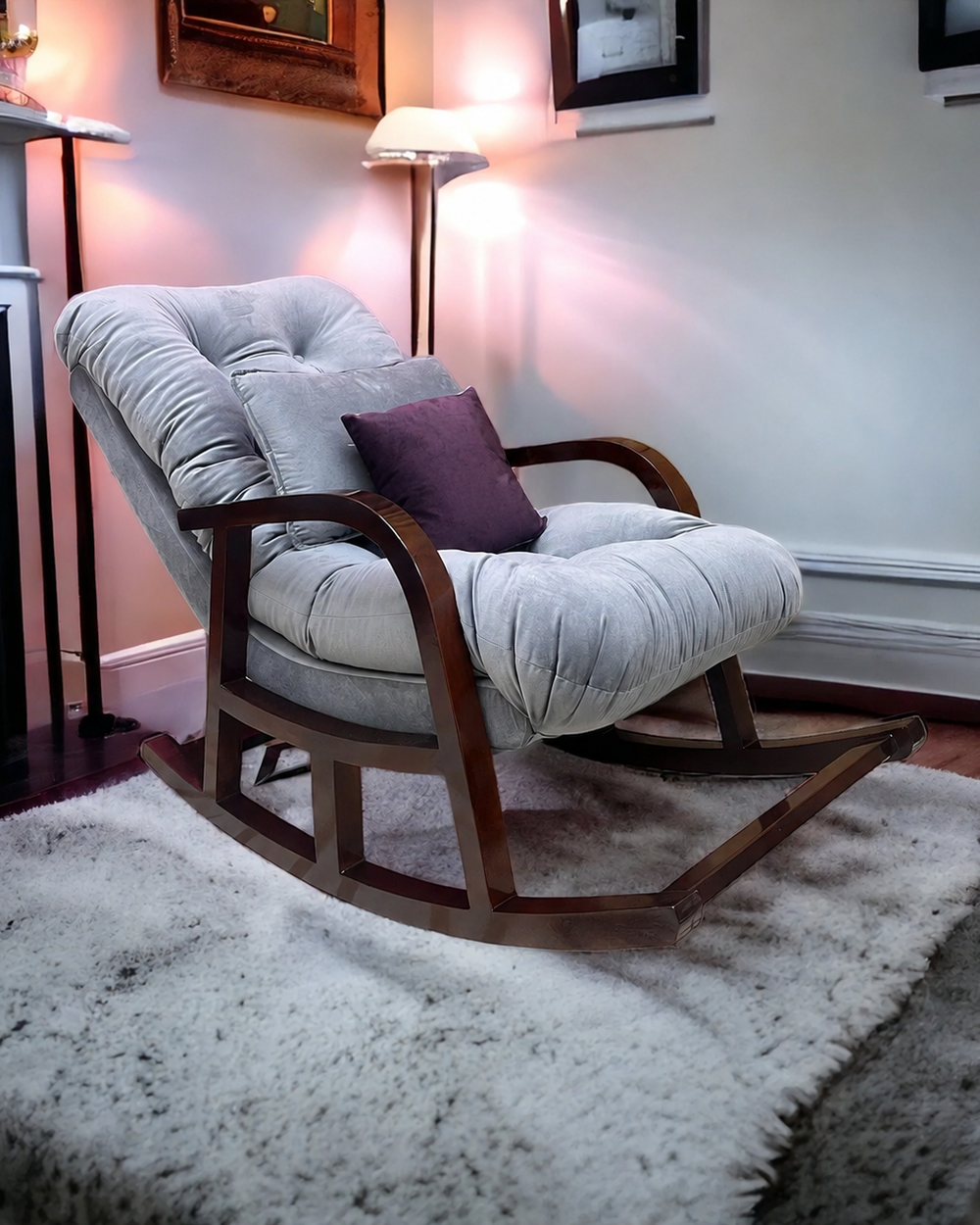 Bloomart Fleecy Handmade With Comfortable Cushion Backrest Rocking Chair ( Walnut Finish )