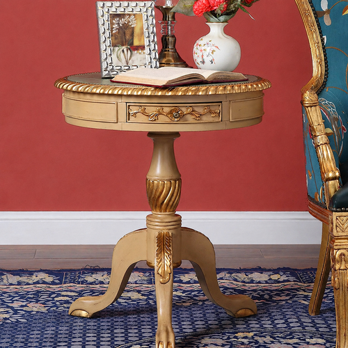 Luxury Modern Wooden Round Table Hand Carved Corner Side Table (With 2 Drawers)