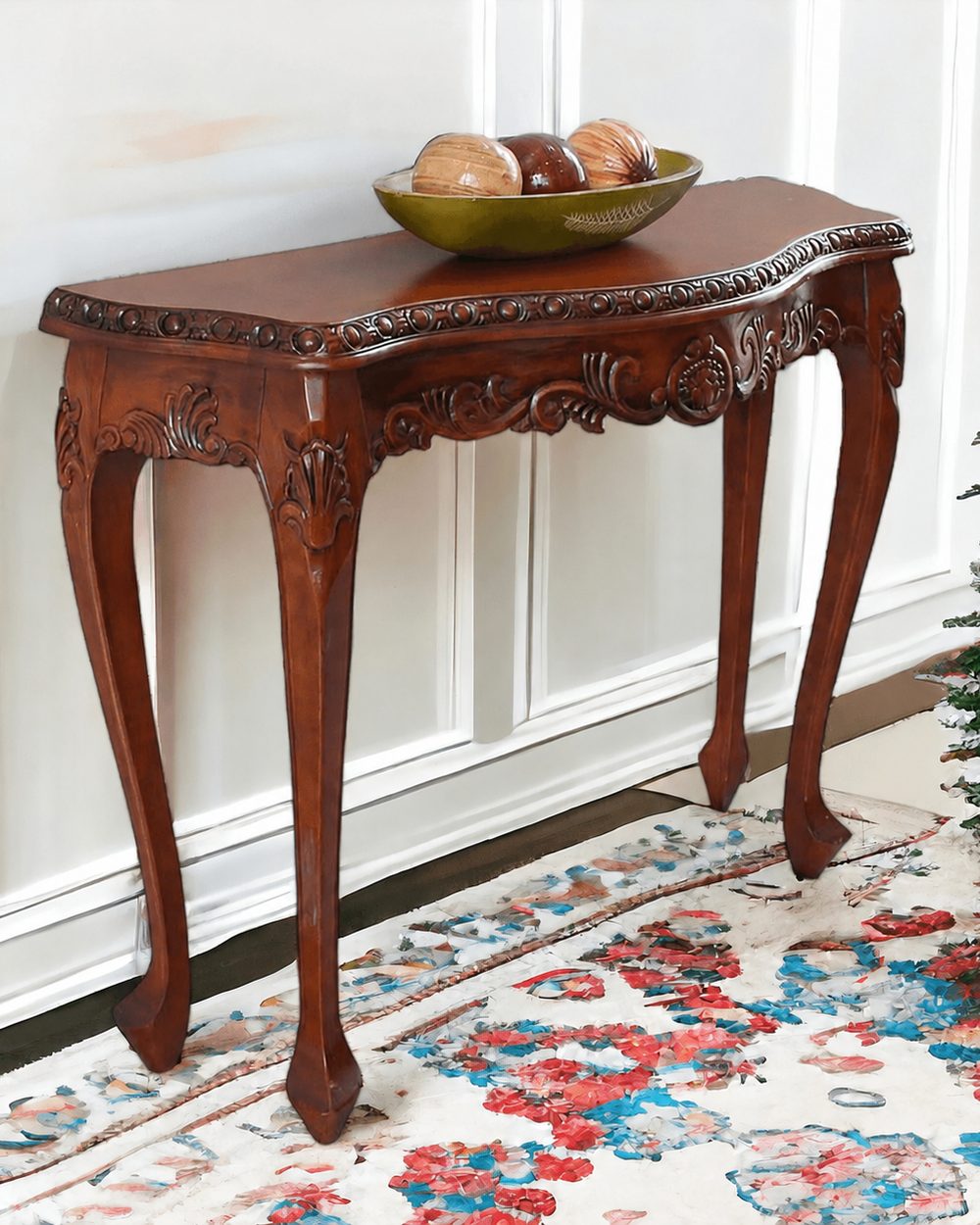 Wooden Hand-Carved Teak Wood Royal Console Table Elegant Leaf Design ( Brown )