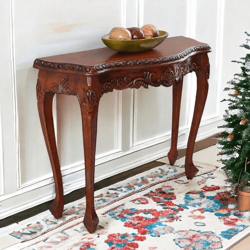 Wooden Hand-Carved Teak Wood Royal Console Table Elegant Leaf Design ( Brown )