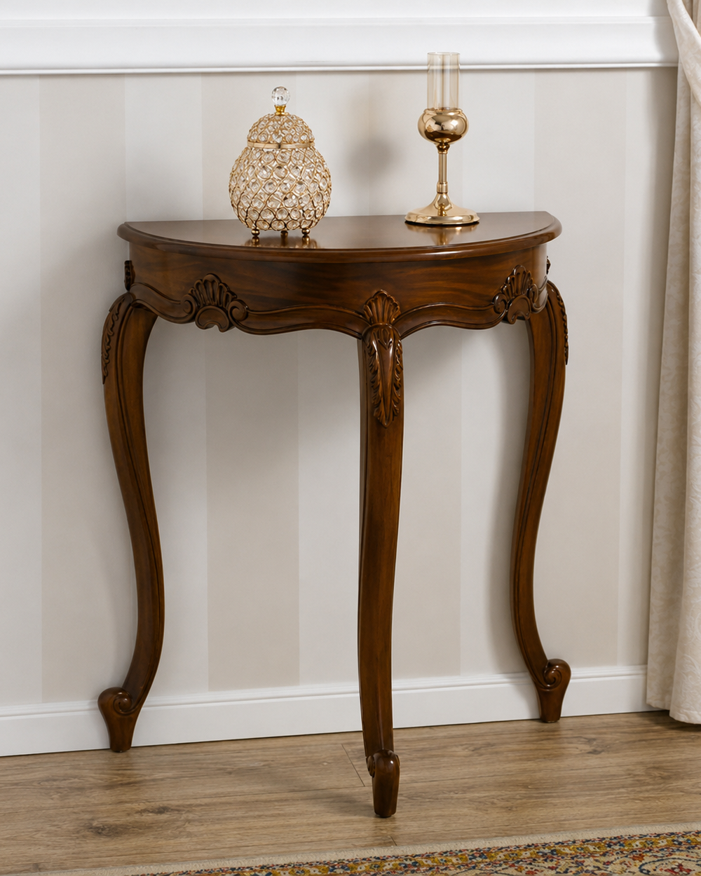 Wooden Arlette Half Moon Teak Wood Console Table with Walnut Finish