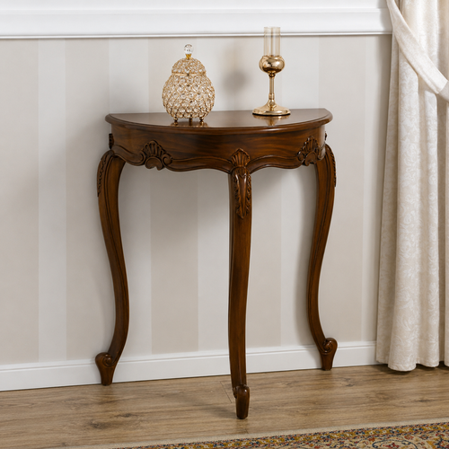 Wooden Arlette Half Moon Teak Wood Console Table with Walnut Finish