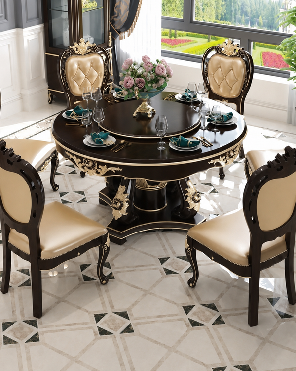 Wooden Hand Craved 6 Seater Classical Style Flower Pattern Dining Table Set (Teak Wood)