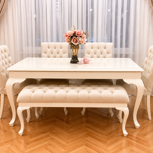 Elegant Teak Wood 6 Seater Dining Set with Bench (Beige Finish)