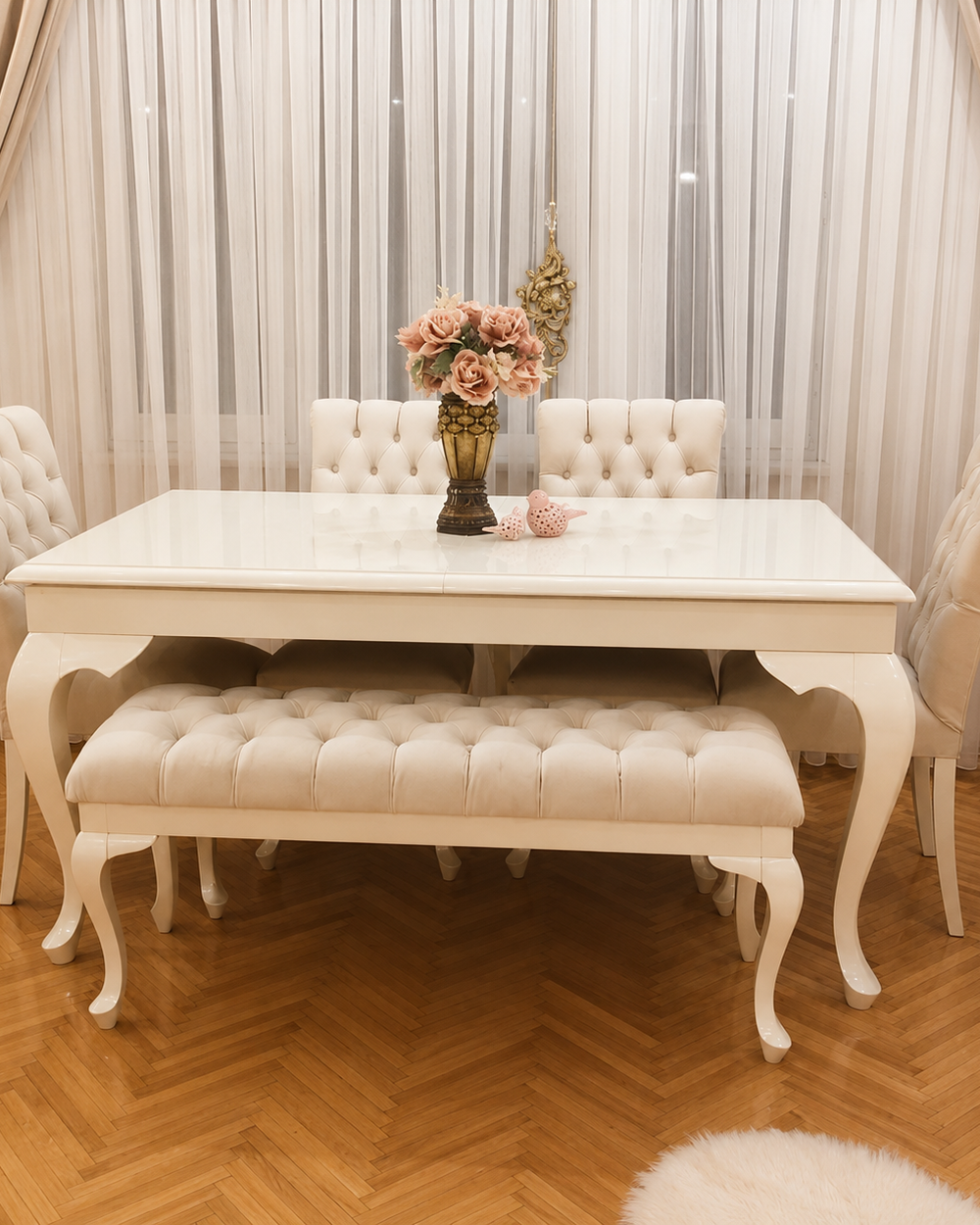 Elegant Teak Wood 6 Seater Dining Set with Bench (Beige Finish)