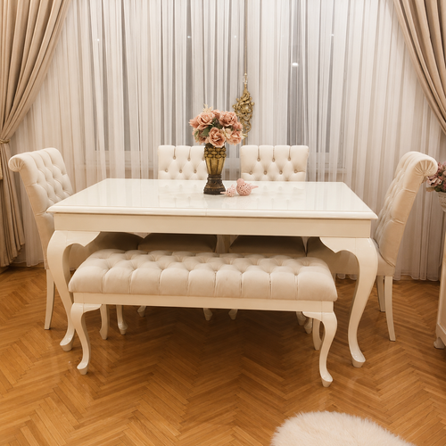 Elegant Teak Wood 6 Seater Dining Set with Bench (Beige Finish)