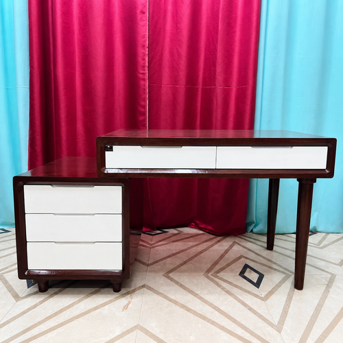 Bloomart Mesa Study Table with 5 Drawers Teak Wood Walnut Finish ( Brown & White )