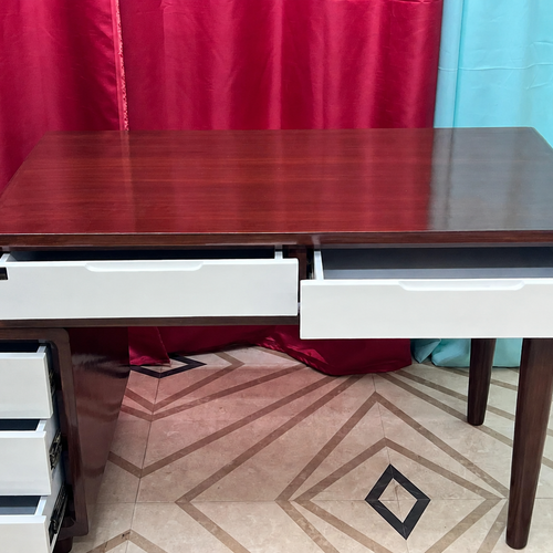 Bloomart Mesa Study Table with 5 Drawers Teak Wood Walnut Finish ( Brown & White )