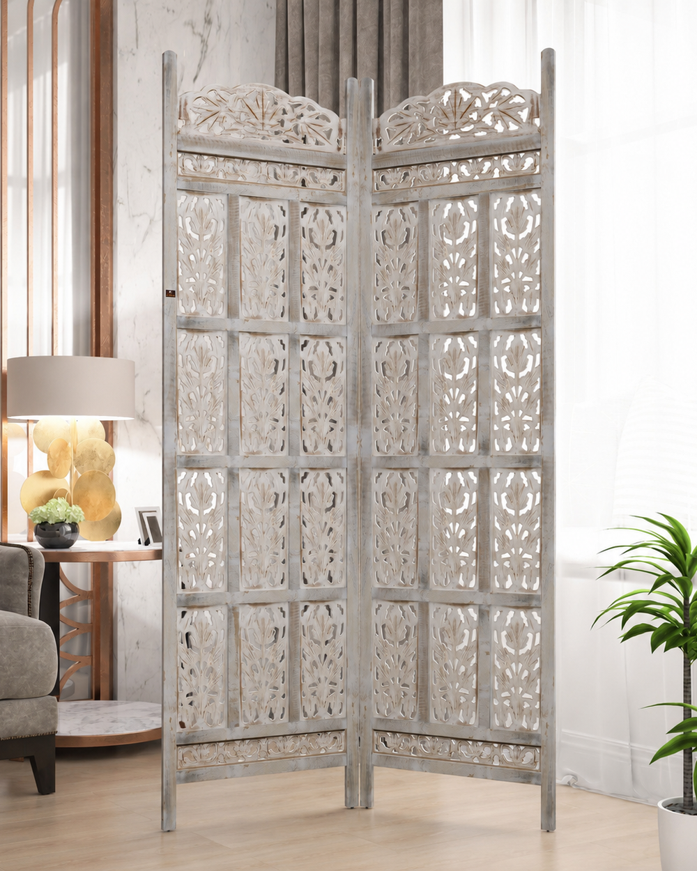 Carved Wood Room Divider Screen Antique White Wash Rustic Finish