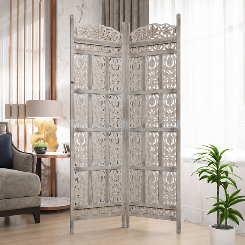 Carved Wood Room Divider Screen Antique White Wash Rustic Finish