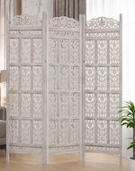 Carved Wood Room Divider Screen Antique White Wash Rustic Finish