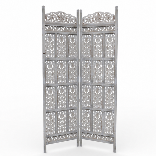 Carved Wood Room Divider Screen Antique White Wash Rustic Finish