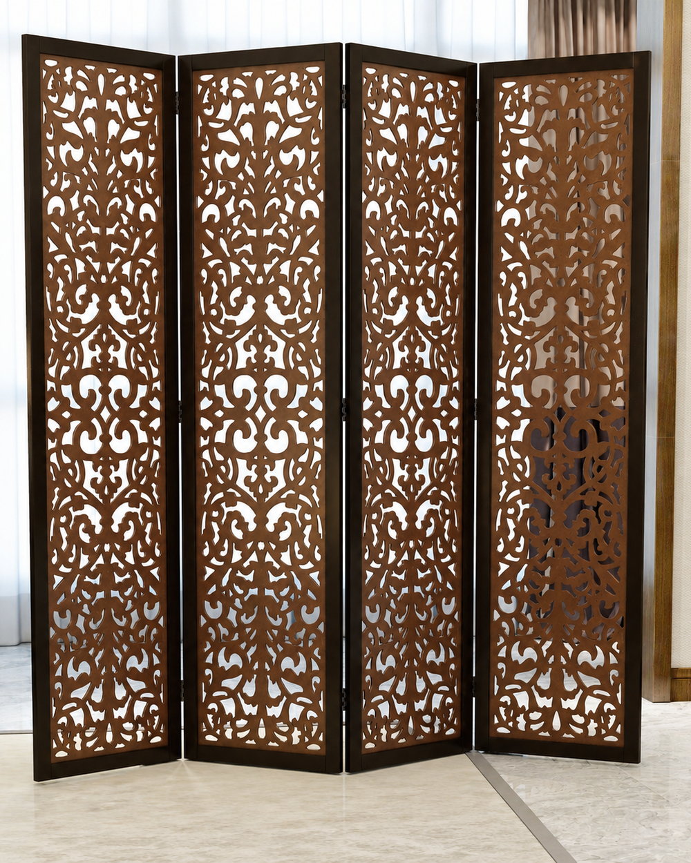 Handcrafted 4 Panel Wooden Room Partition & Room Divider (Dark Brown)