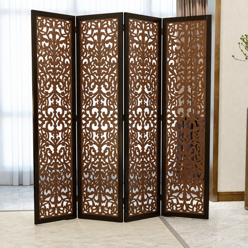 Handcrafted 4 Panel Wooden Room Partition & Room Divider (Dark Brown)