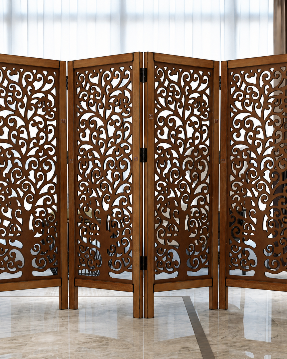 Low Height Solid Wood Room Divider Separator Wooden Partition 4 Panel ( Brown )