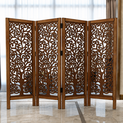 Low Height Solid Wood Room Divider Separator Wooden Partition 4 Panel ( Brown )