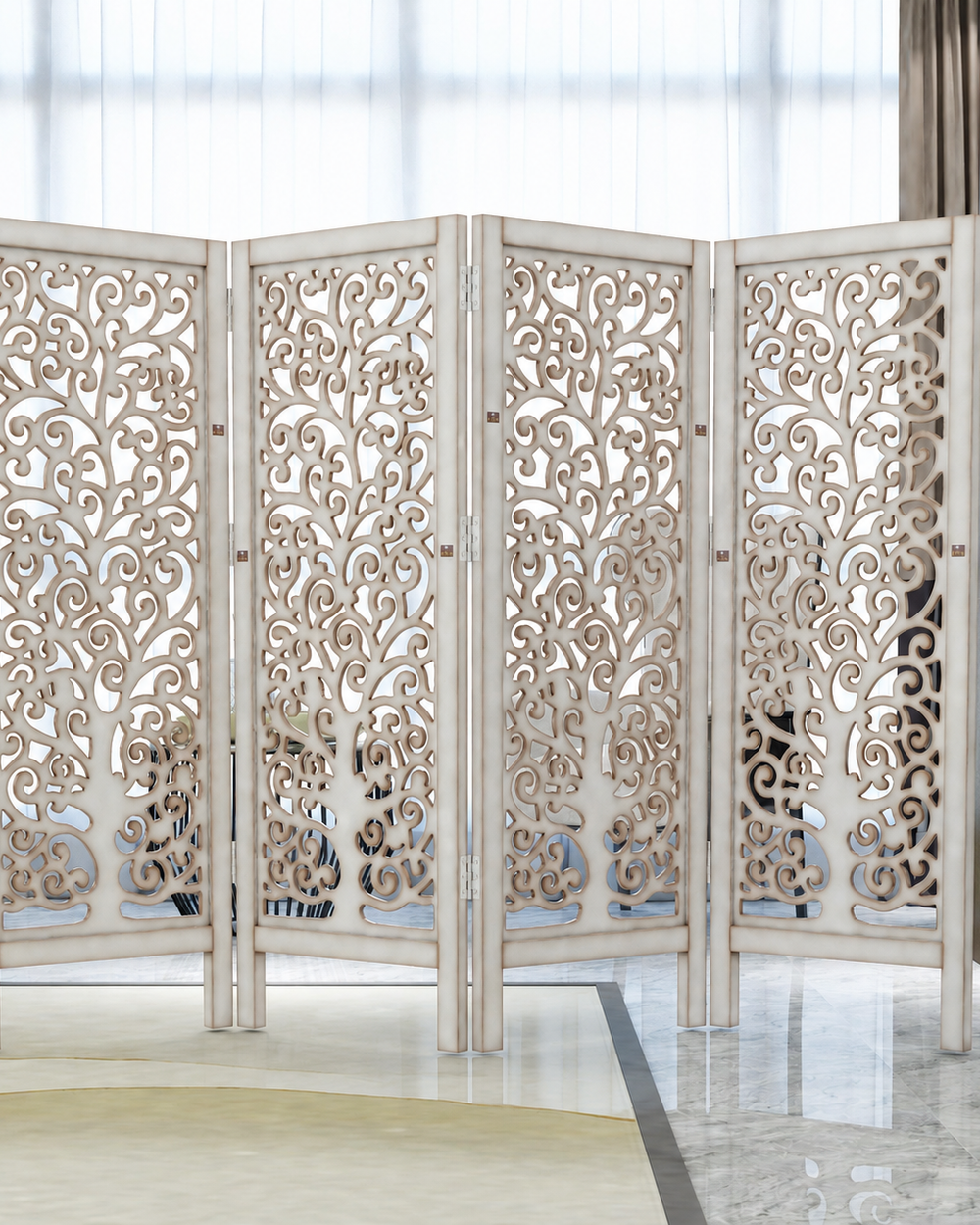 Low Height Solid Wood Room Divider Separator Wooden Partition 4 Panel ( Antique White )