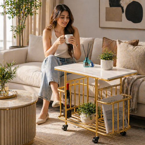 Bloomart Modern Multipurpose Serving Trolley with Storage Rack & Wheels – Gold & Black Metal Frame with White & Black laminated Top