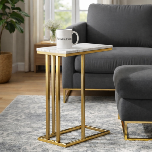 Bloomart Modern Golden Side Table with White Marble Finish  Laminated Top for Living Room