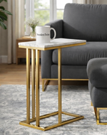 Bloomart Modern Golden Side Table with White Marble Finish  Laminated Top for Living Room