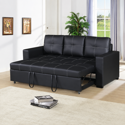 Modern Handmade Leatherette Sofa Cum Bed (Black)