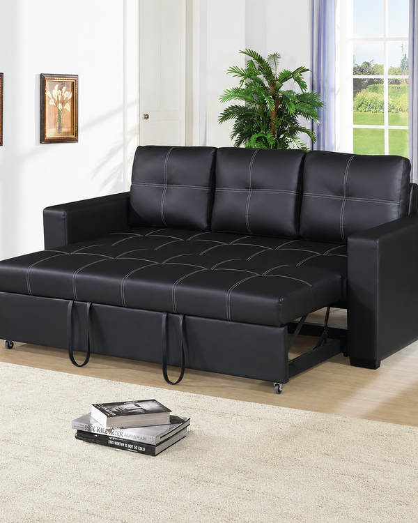 Modern Handmade Leatherette Sofa Cum Bed (Black)