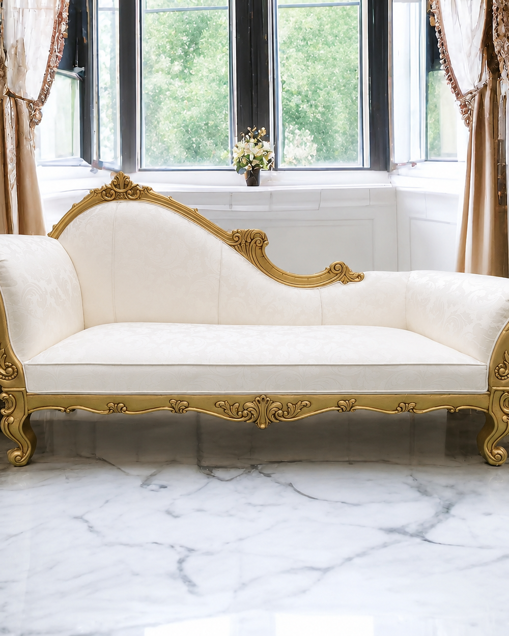 Teak Wood Handcrafted Deewan Chaise Lounge (Golden Finish Couch)
