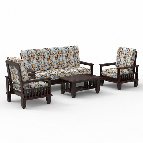 Bloomart  Wooden Teak Wood 5 Seater Sofa Set with Side Magazine Storage (3+1+1 And Coffee Table, Walnut Finish)
