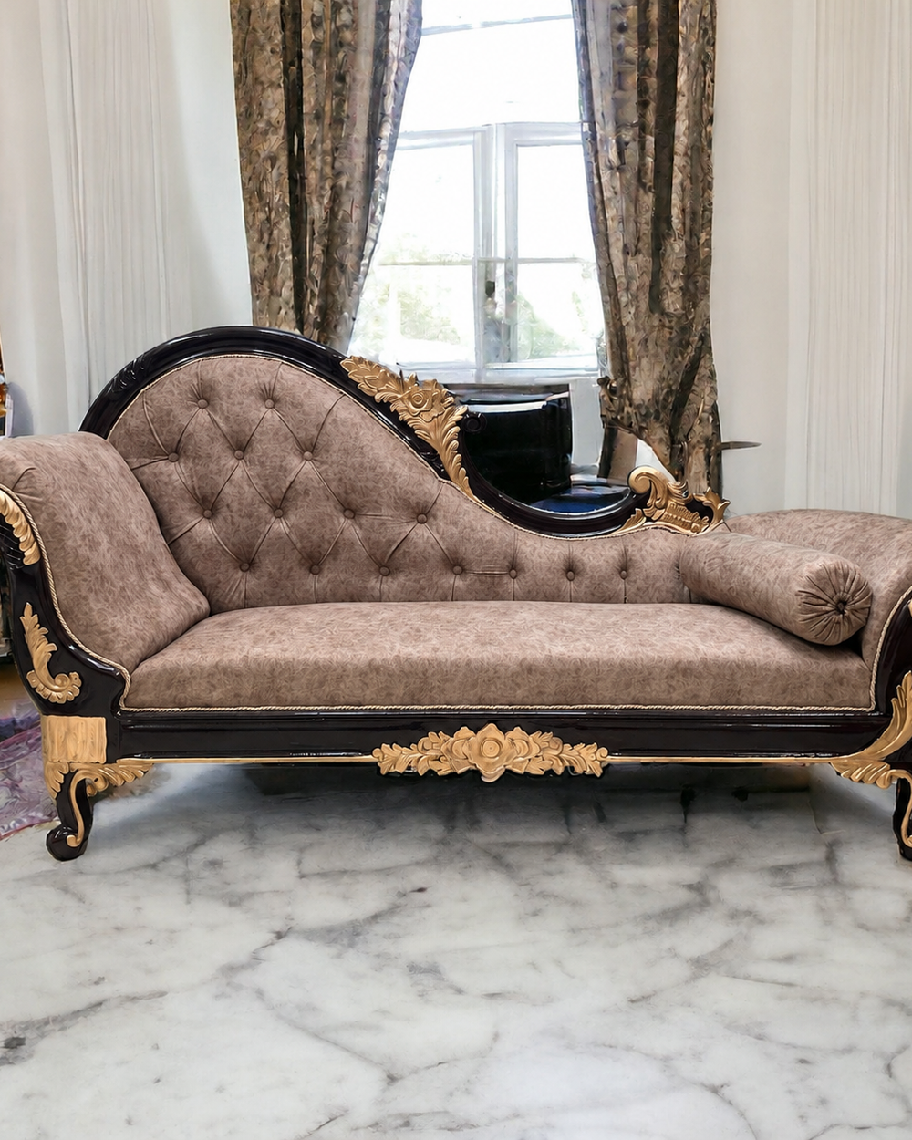 Bloomart Savour Designer Hand Carved Teak Wood Button Tufted Chaise Lounge
