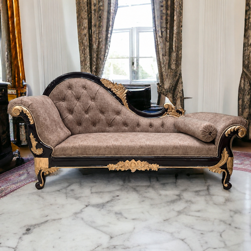 Bloomart Savour Designer Hand Carved Teak Wood Button Tufted Chaise Lounge