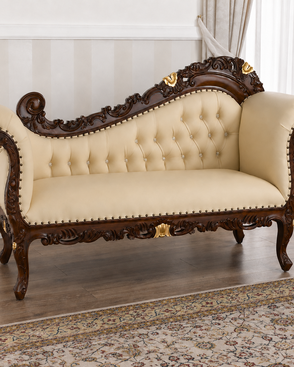 Hand Carved Barock Stil Chaise Longue Sofa Champagner Crystal (Teak Wood)
